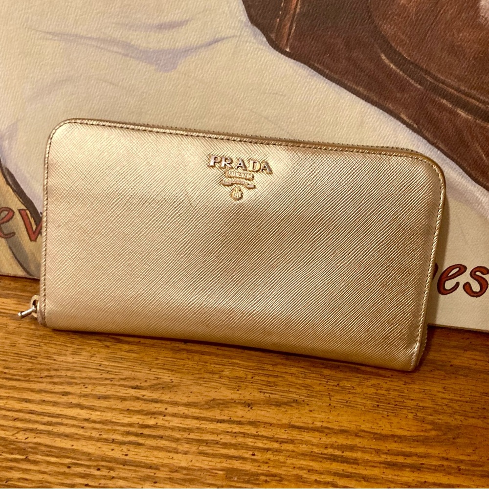 PRADA Vintage Saffiano Leather Zip Around Long Wallet - Gold